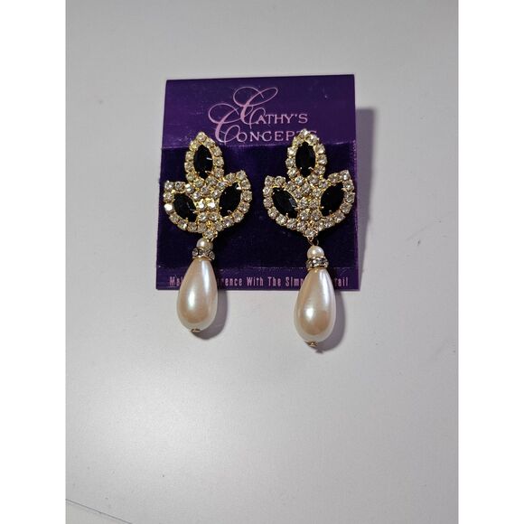 Cathy's Concepts Gold Tone Faux Pearl Black Rhinestone Dangling Earrings - Picture 9 of 9
